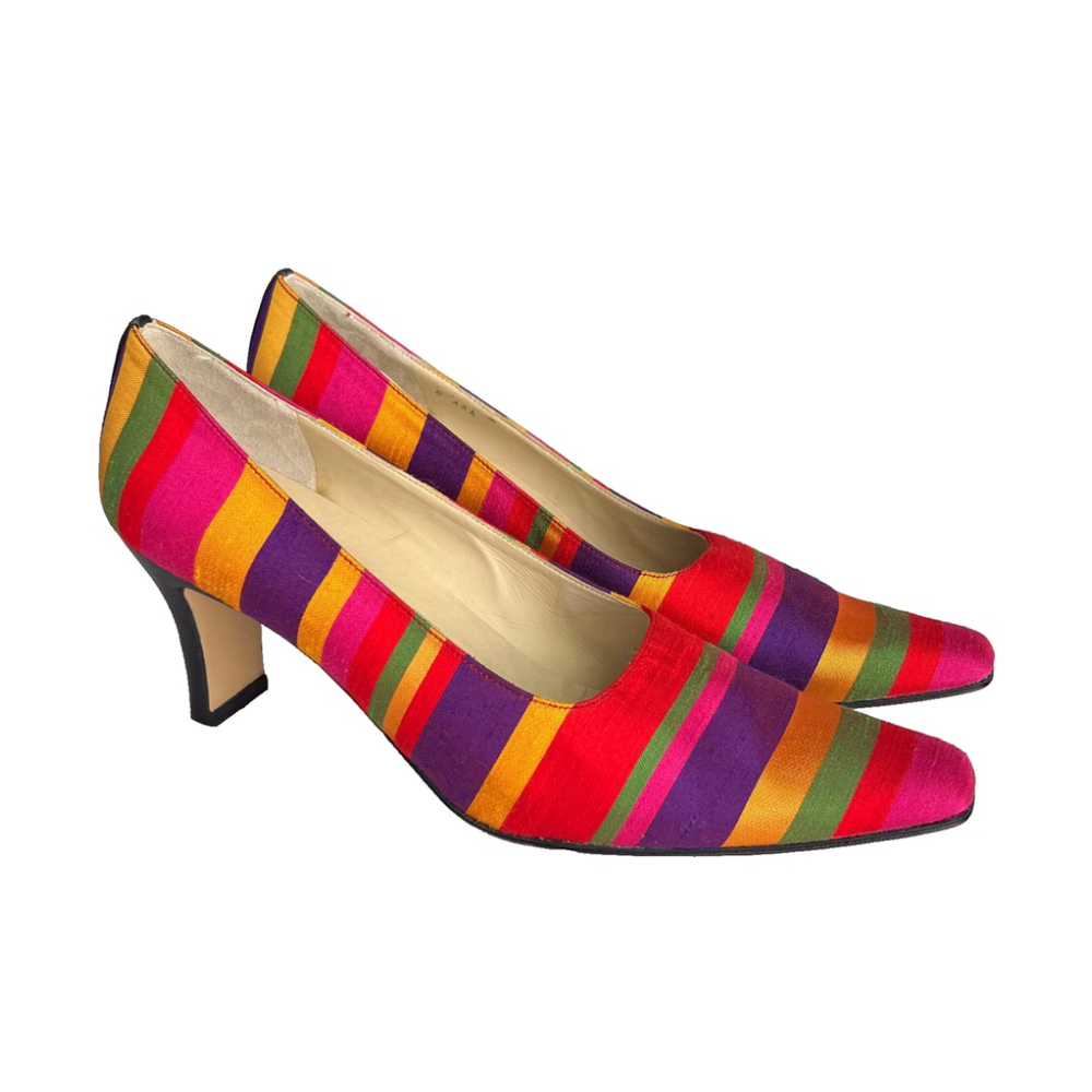 VTG Rangoni Firenze Italian Leather Silk Pumps Rainbow Striped Sz 8 AAA